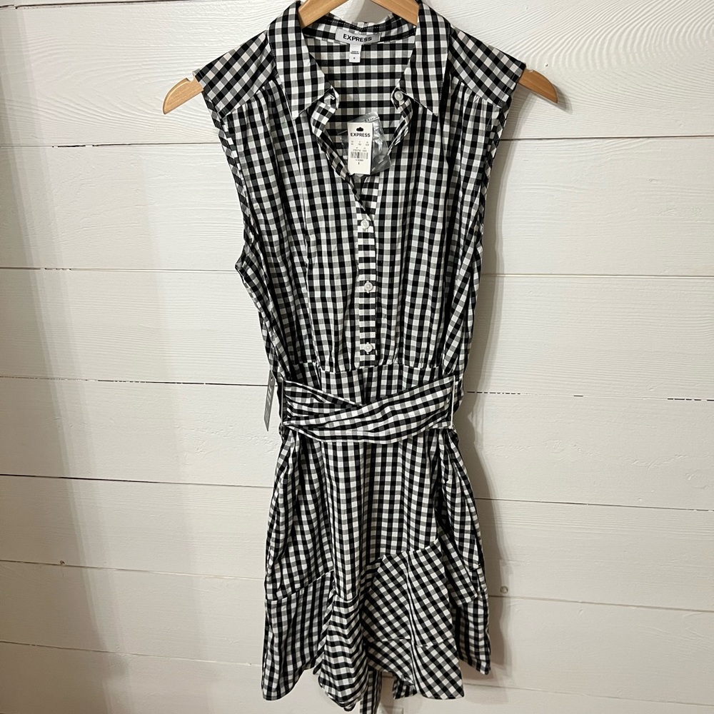NWT Express Black & White Plaid Tie Waist Dress